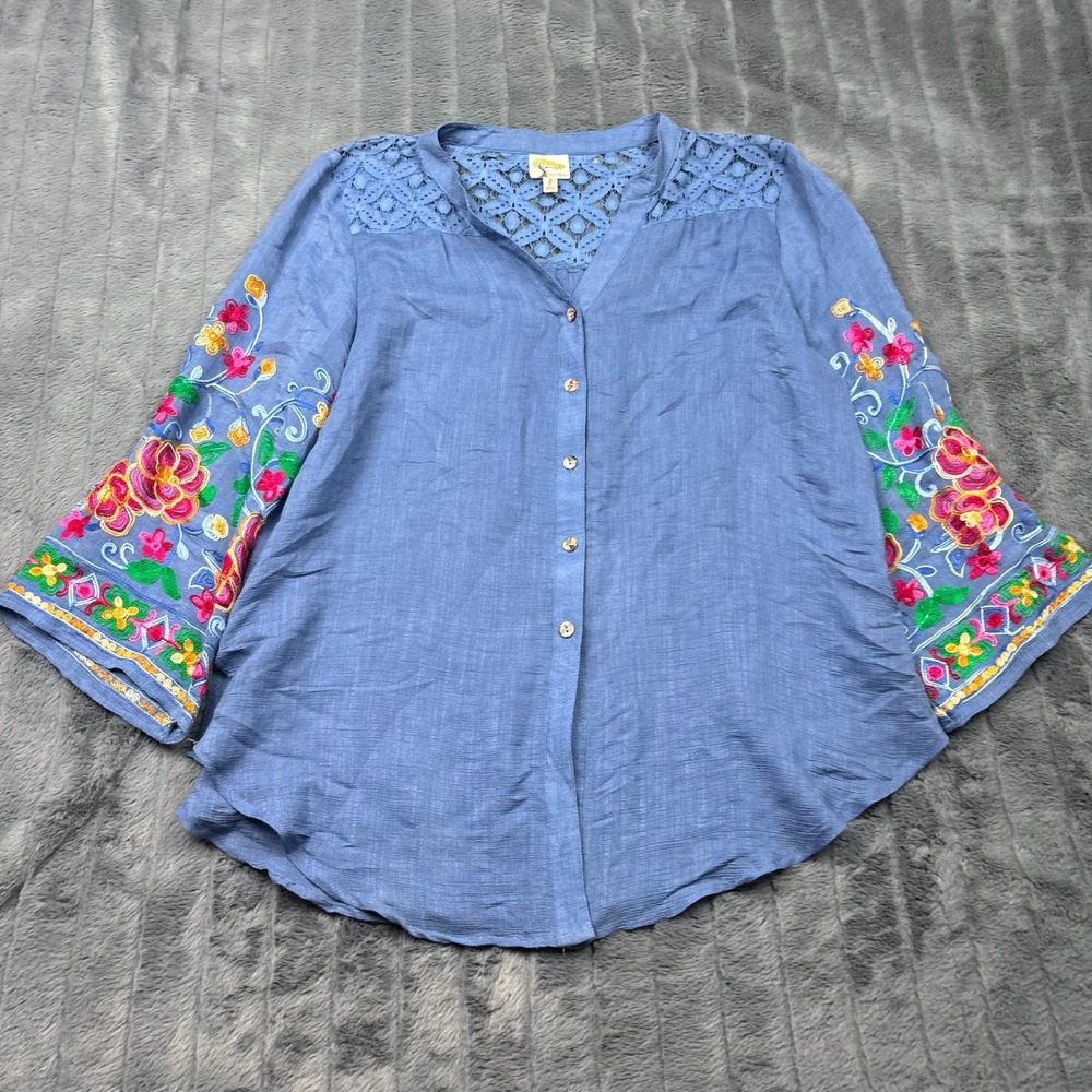 Fig and Flower Blue Embroidered Floral Bell Sleeve Lace Yoke Blouse Large